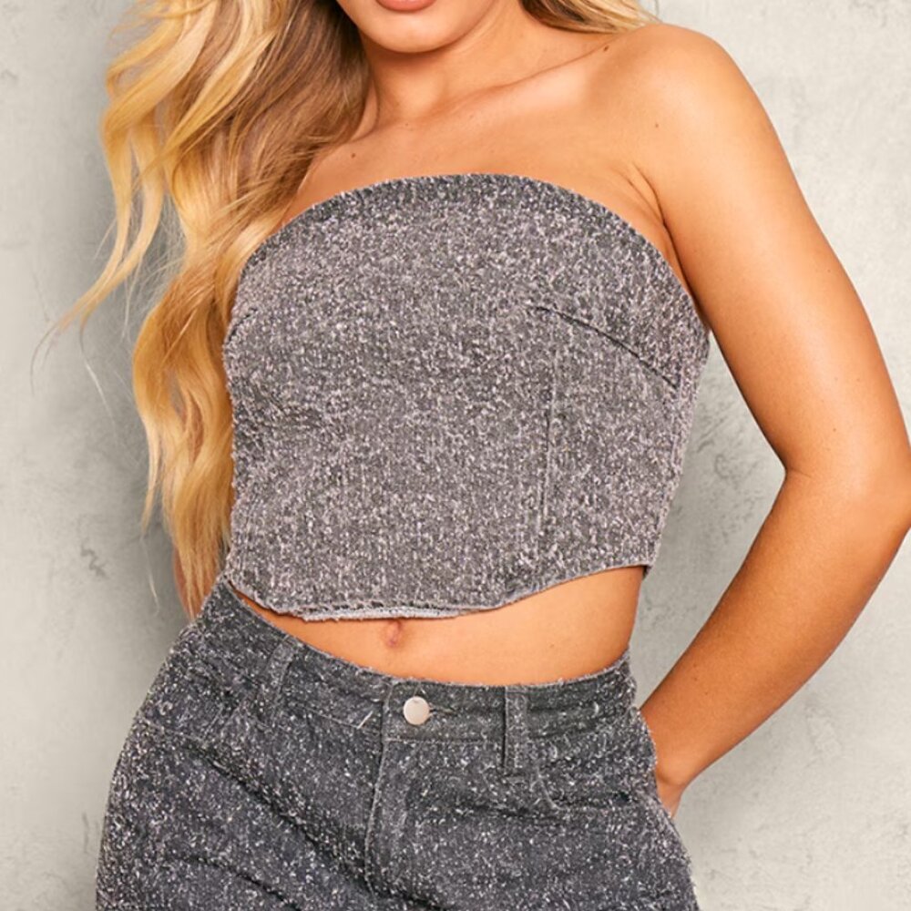 Pretty Little Thing Grey Bobble Denim Corset Crop Top